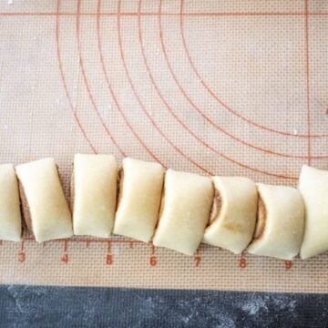 A log of dough has been separated into small chunks of dough for rolls.