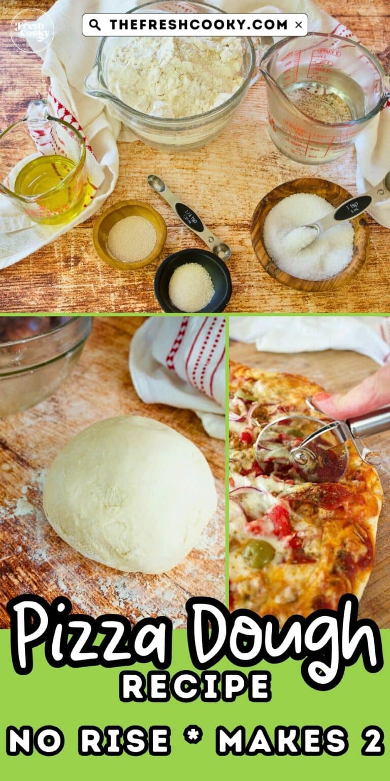 Ingredients on table for no rise pizza dough, and round of pizza dough on counter, with hand cutting a cooked pizza. For Pinning.