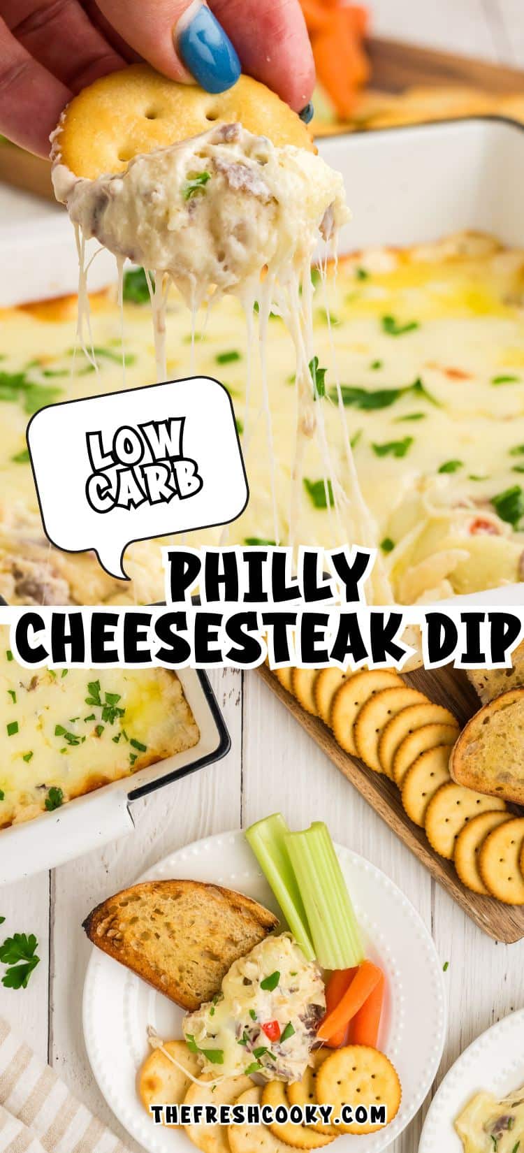 A baking dish full of gooey, cheesy Philly Cheesesteak Dip for pinning.