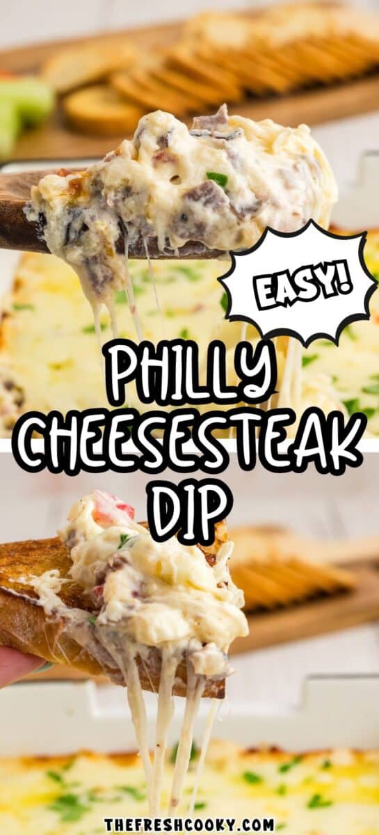 Philly Cheesesteak Dip in baking dish and with spoonful on a wooden spoon, to pin.