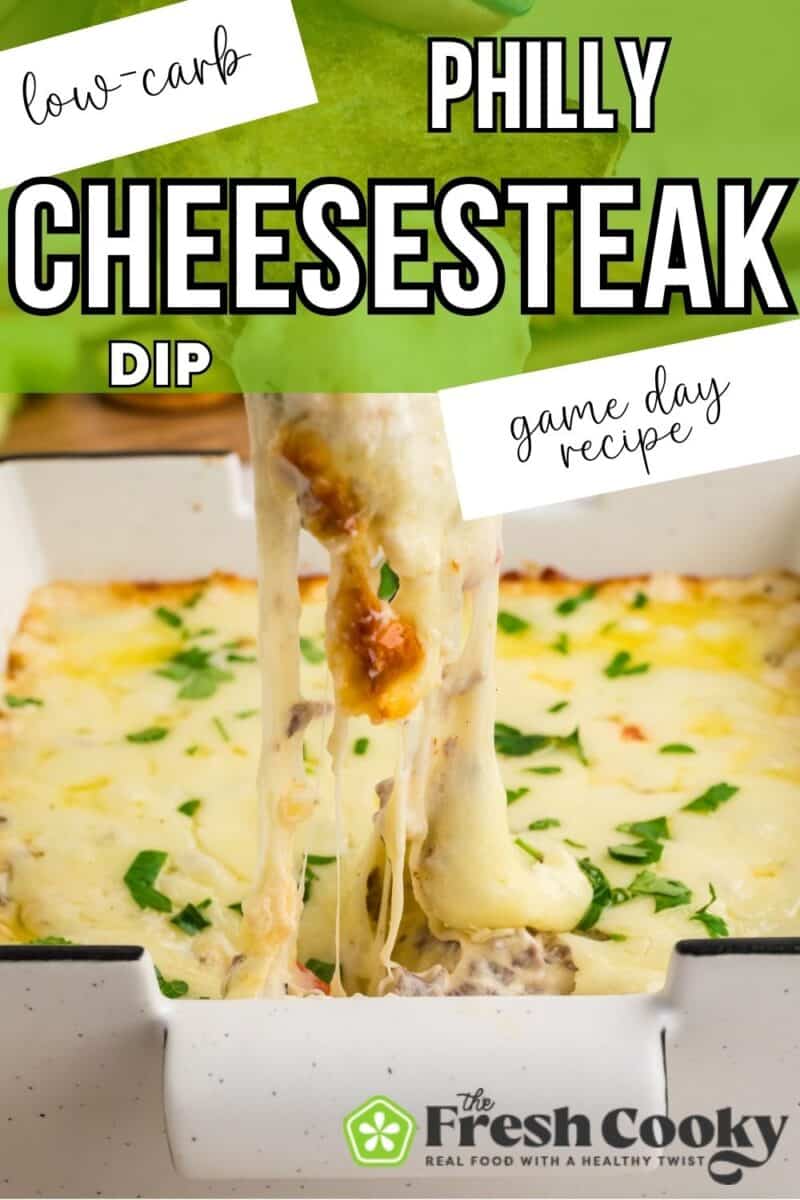 A long cheesy pull with hand dipping crostini into gooey cheesy Philly Cheesesteak dip, for pinterest.