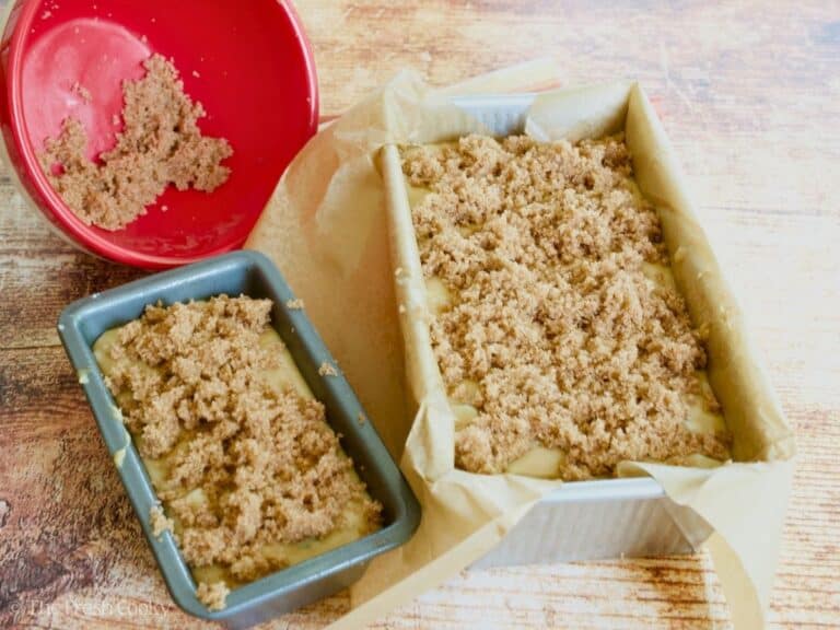 Streusel Topping ready to be mixed in bowl, second image of batter in pans with streusel topping on top.