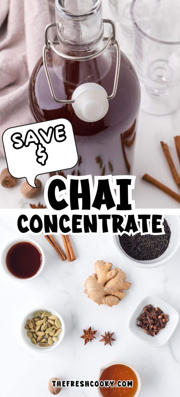 Bottle of chai concentrate with the ingredients needed below, for pinning.