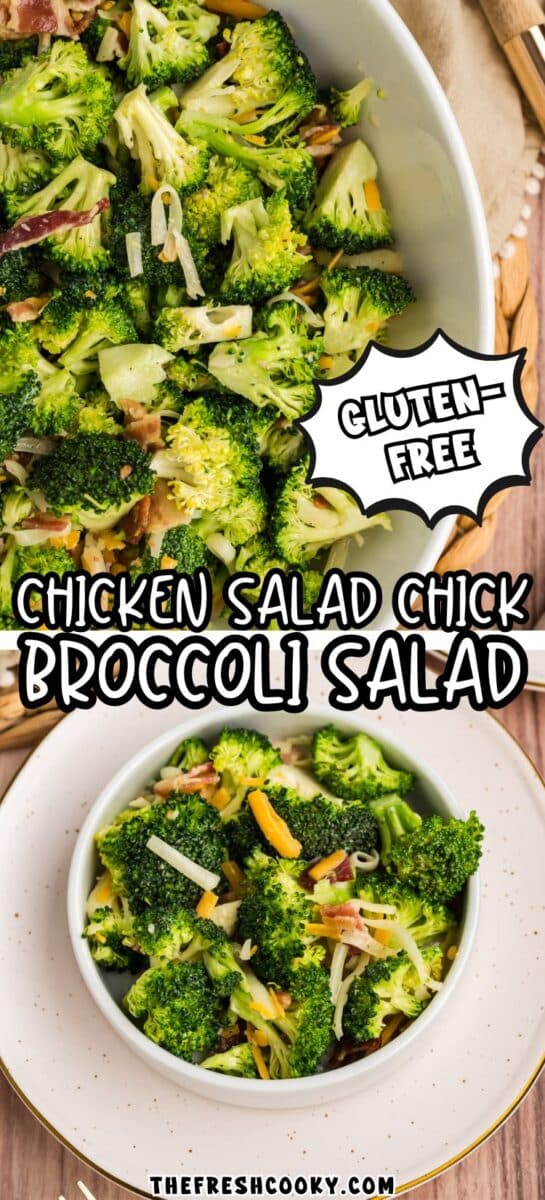 A bright and fresh broccoli salad with cheese and bacon for pinning.