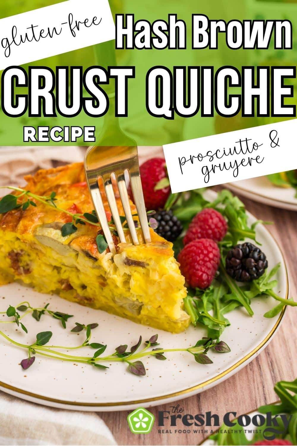Hash brown crust quiche on a plate with a fork take a bite, to pin.