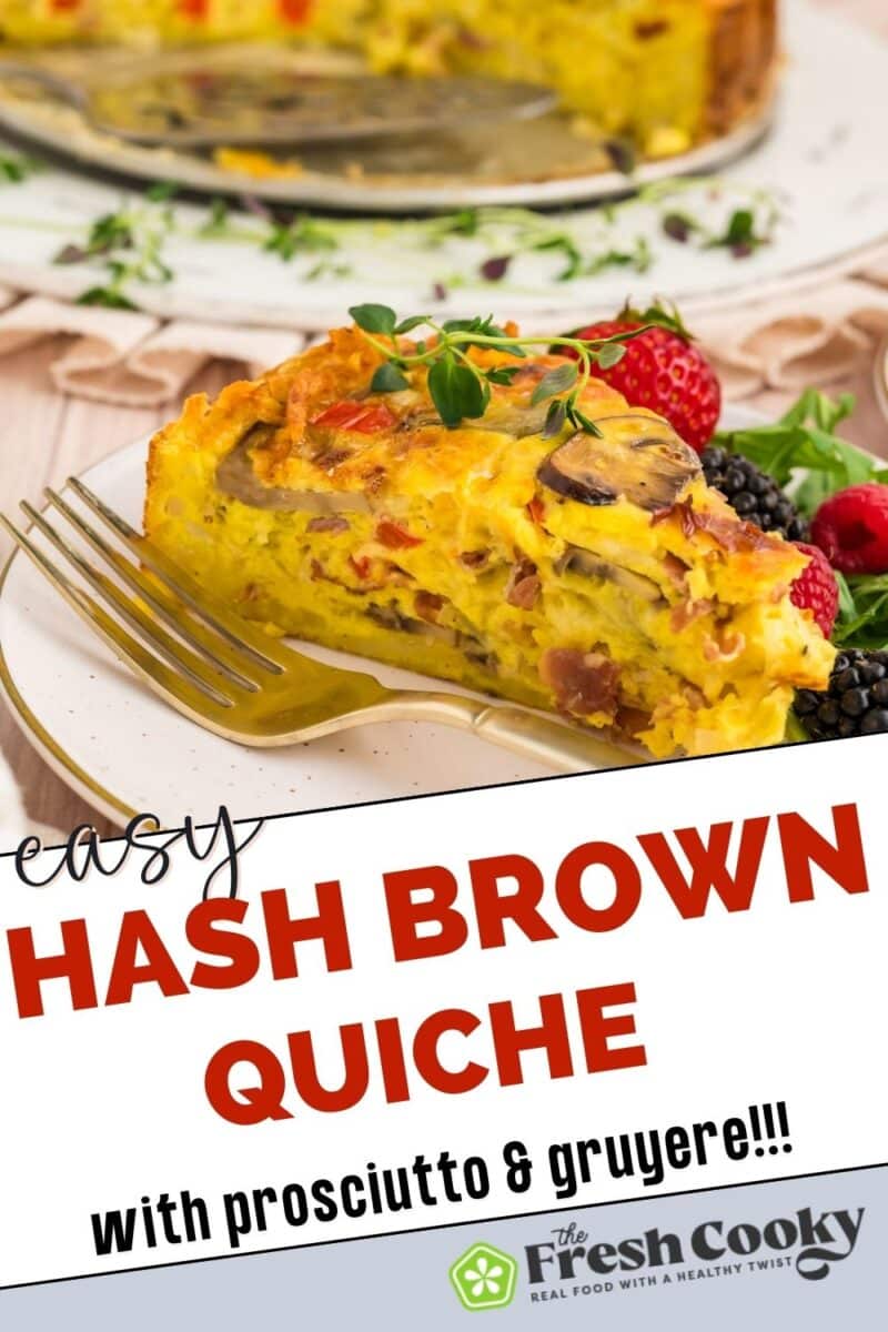 A slice of hash brown quiche on a pate with a fork and a green salad with fresh berries, to pin.
