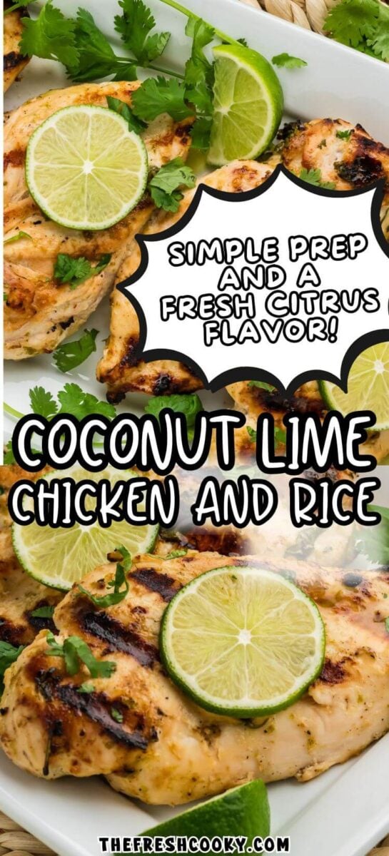 White plates are filled with grilled chicken breasts topped with lime and cilantro, to pin.