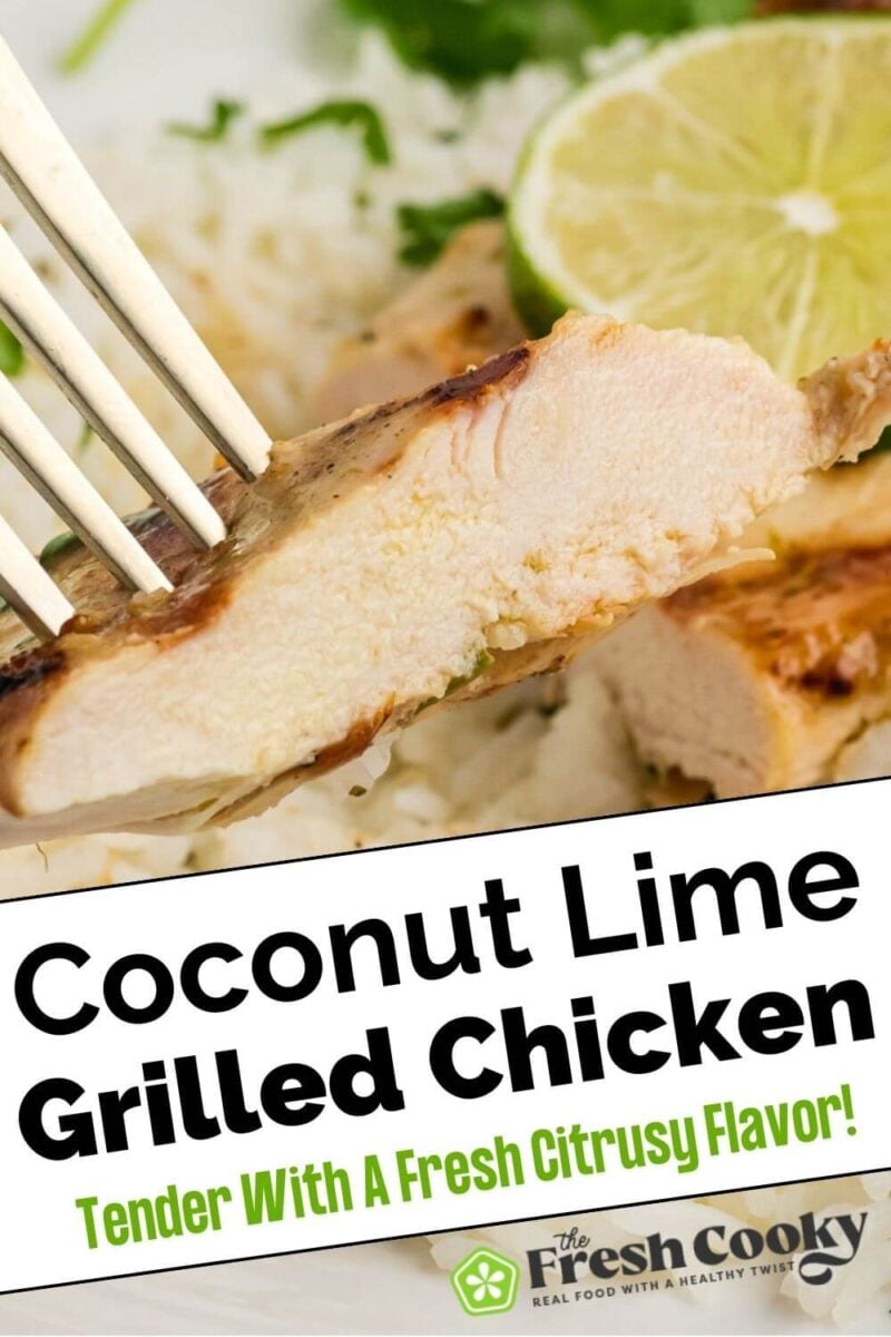 A fork holds up a slice of juicy chicken breast above a filled plate, to pin.