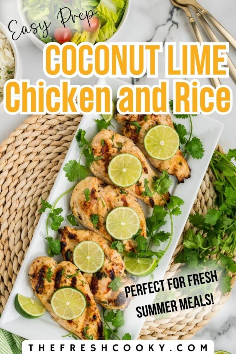A long white rectangular plate has six grilled chicken breasts in a row with lime and cilantro, to pin.