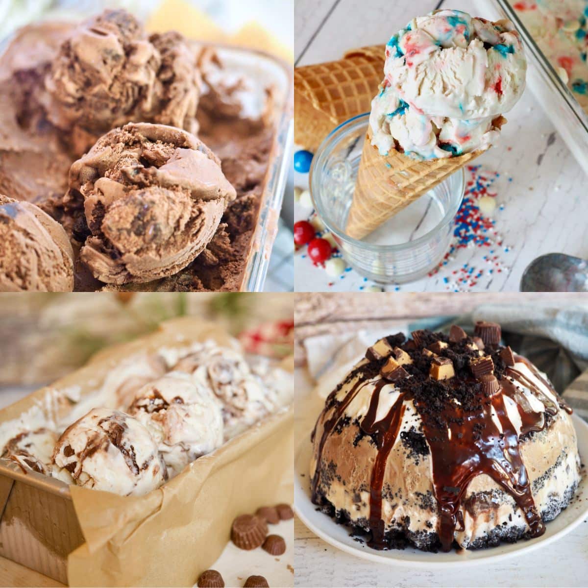 Four different ice creams chocolate brownie, red, white and blue ice cream, Moose tracks and mud pie ice cream cake.