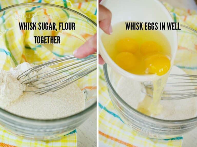 Process shots for making lemon filling for Old Fashioned Lemon Squares recipe whisking sugar and flour, adding whisking in eggs.
