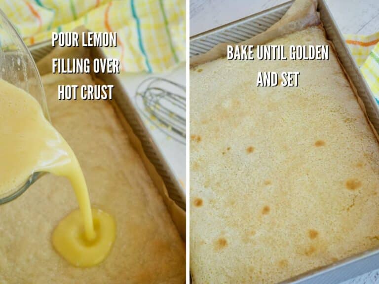 Pouring lemon filling on top of hot crust and second image of baked lemon filling on top of crust.