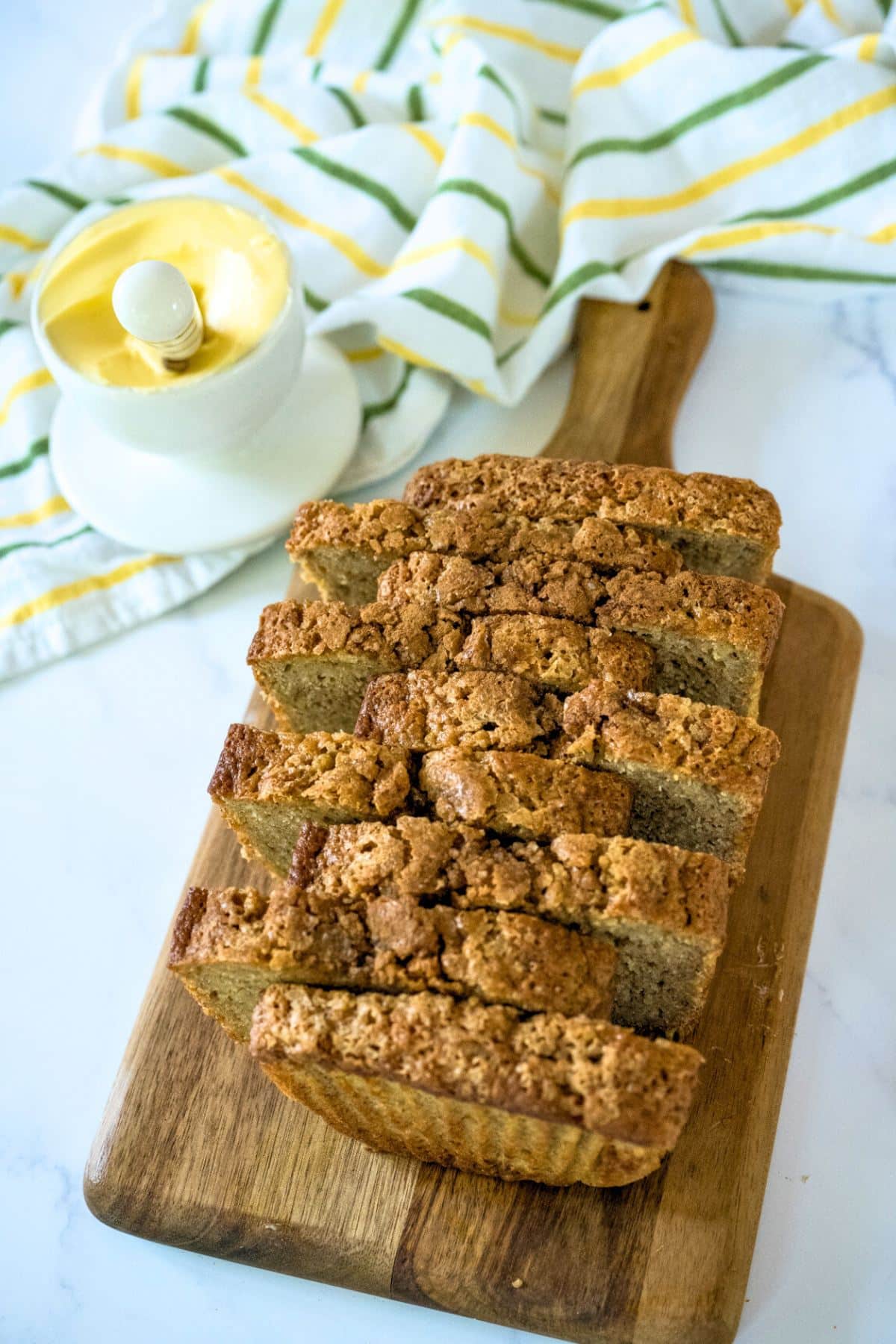 Slices alternating of Sourdough Banana Bread baked at high altitude.