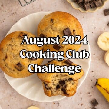 August 2024 Cooking Club Challenge, banana chocolate chunk muffins on a plate.