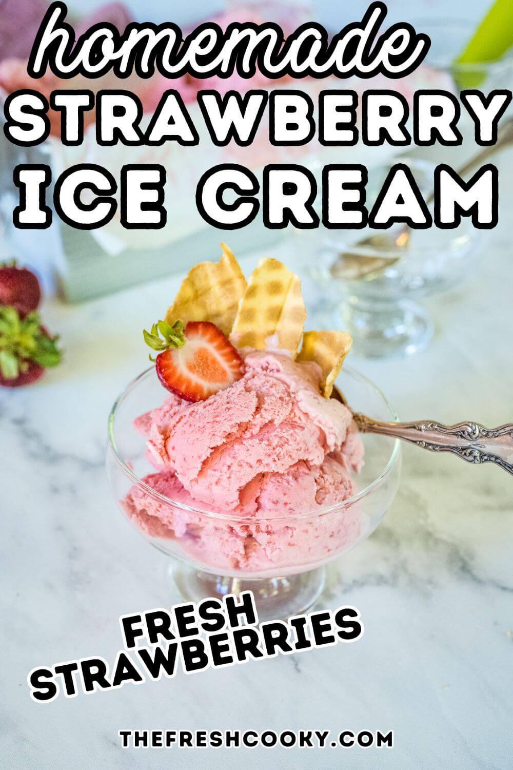 Strawberry Ice Cream in a glass bowl with broken waffle cones and sliced strawberries to pin.