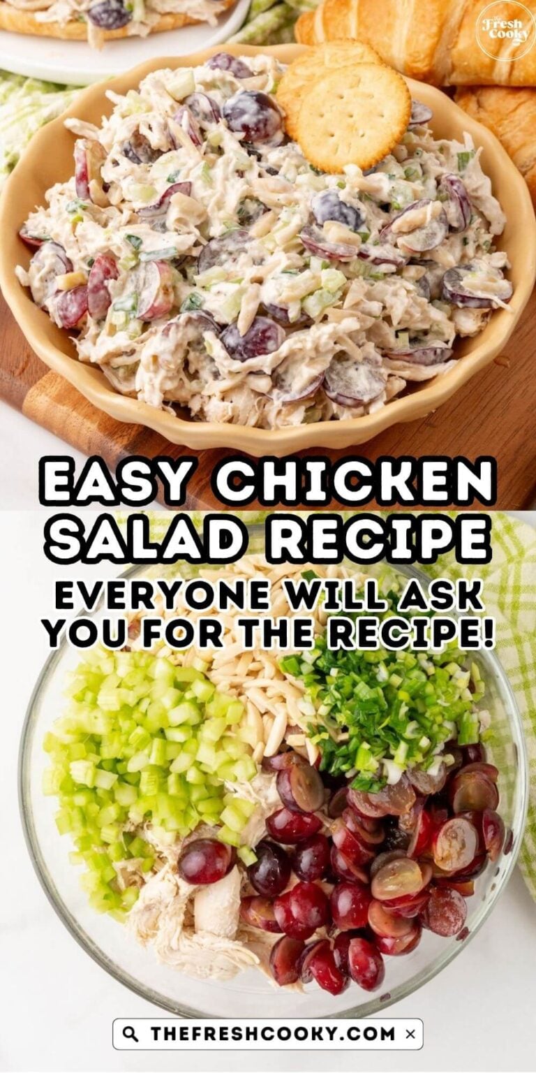 Easy chicken salad recipe in yellow scalloped bowl and in mixing bowl before combining, for pinning.