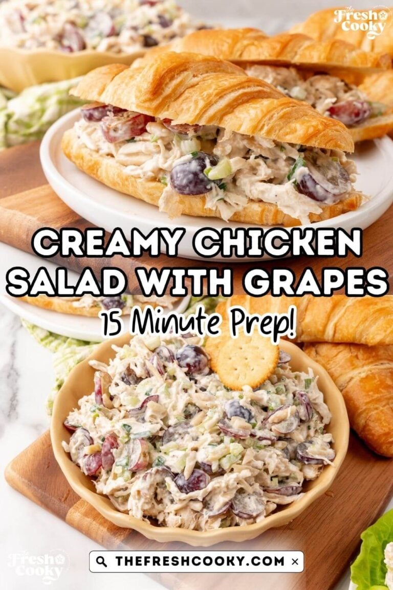 Easy chicken salad stuffed in a croissant and in a yellow scalloped bowl, to pin.