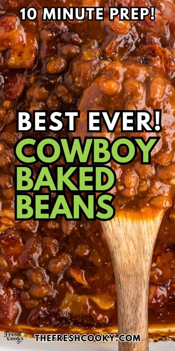 Wooden spoon holding up a serving of rich and juicy cowboy baked beans, topped with crispy bacon, for pinning.
