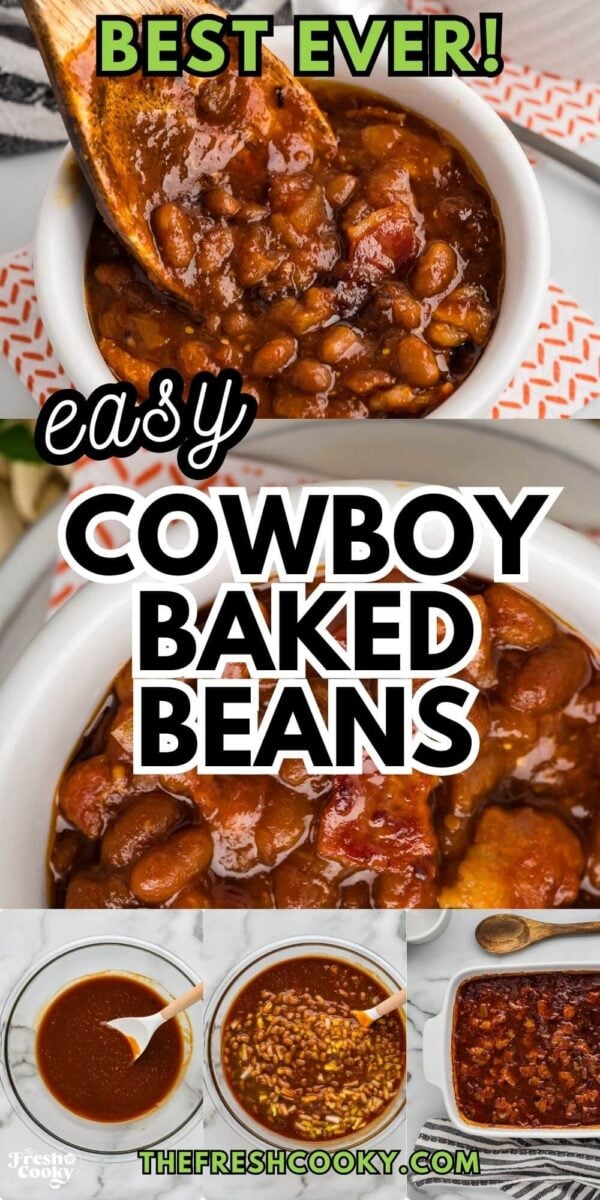 Bowls filled with rich and flavorful, Cowboy Baked Beans, for pinning.