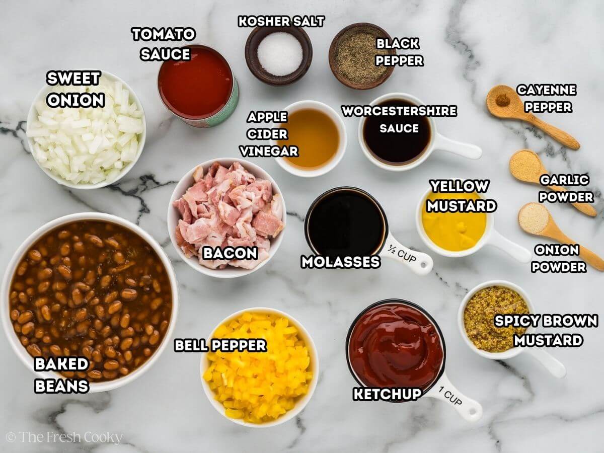 Labeled ingredients for Cowboy Baked Beans. 
