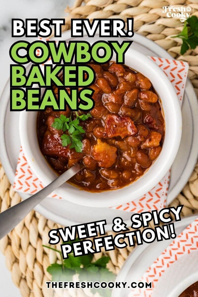 A bowl full of rich and saucy Cowboy Baked Beans for pinning.