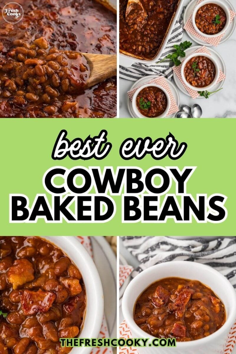 Cowboy baked beans in casserole dish with serving spoon and served into small bowls highlighting the crispy bacon on top. To pin.