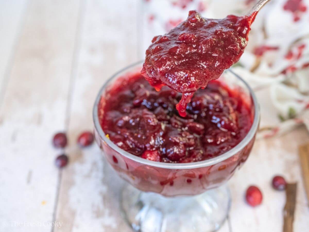 Silver spoon scooping up some cranberry sauce from a serving dish.