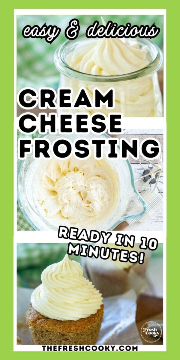 Cream cheese frosting in a mixing bowl and frosted on a cupcake, to pin.