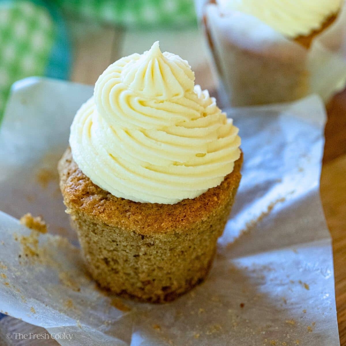 Cream Cheese Frosting swirled on top of a cupcake.