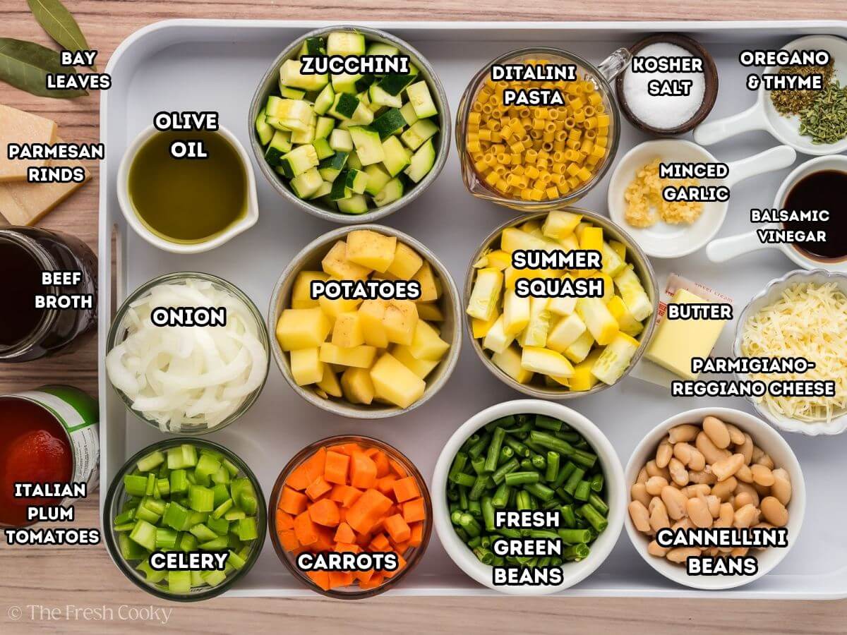 Ingredients needed to make minestrone soup.