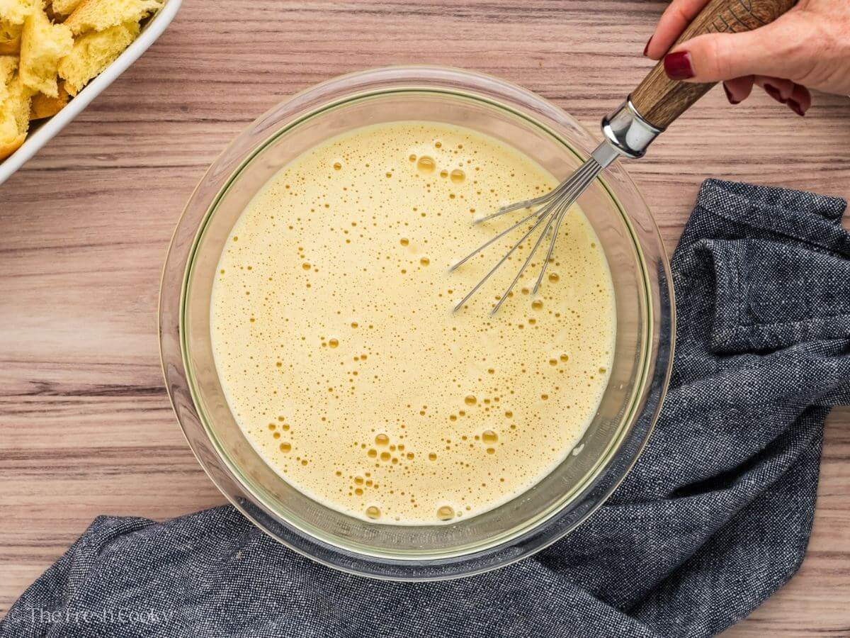 Mix together eggs, cream, milk and spices in a large bowl. 