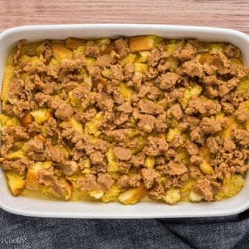 Casserole with streusel topping scattered evenly over the top.
