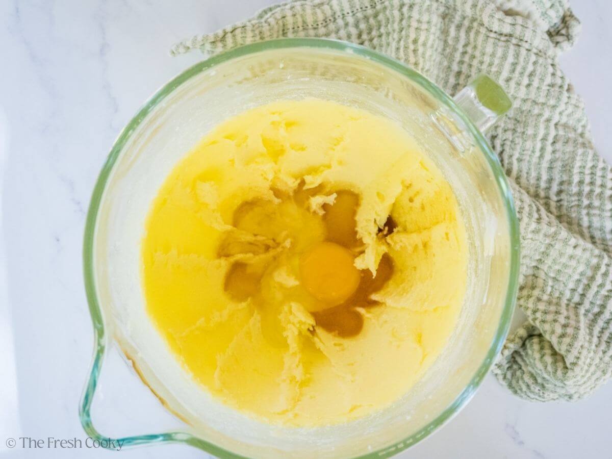Butter and sugar creamed together with eggs added to the stand mixer bowl.