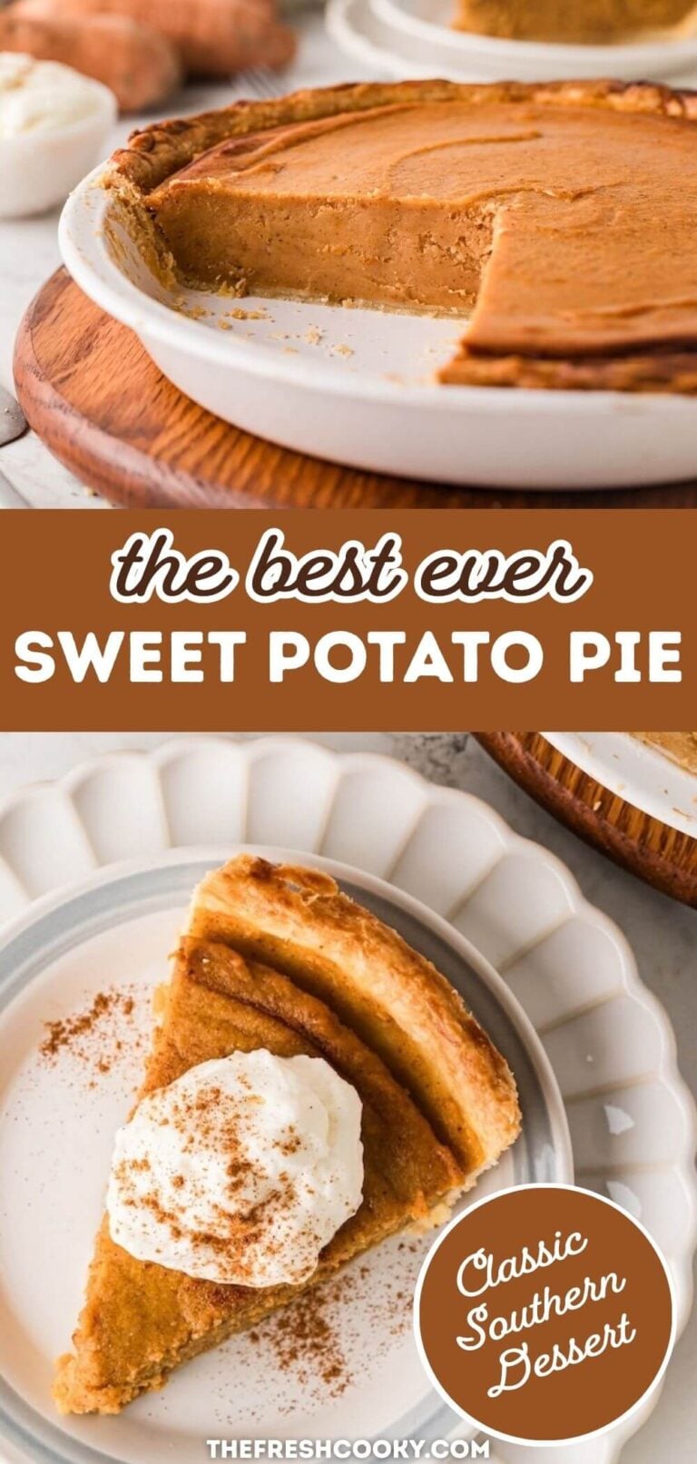 Showing a slice on a pretty scalloped white plate of a sweet potato pie and the full pie to pin.