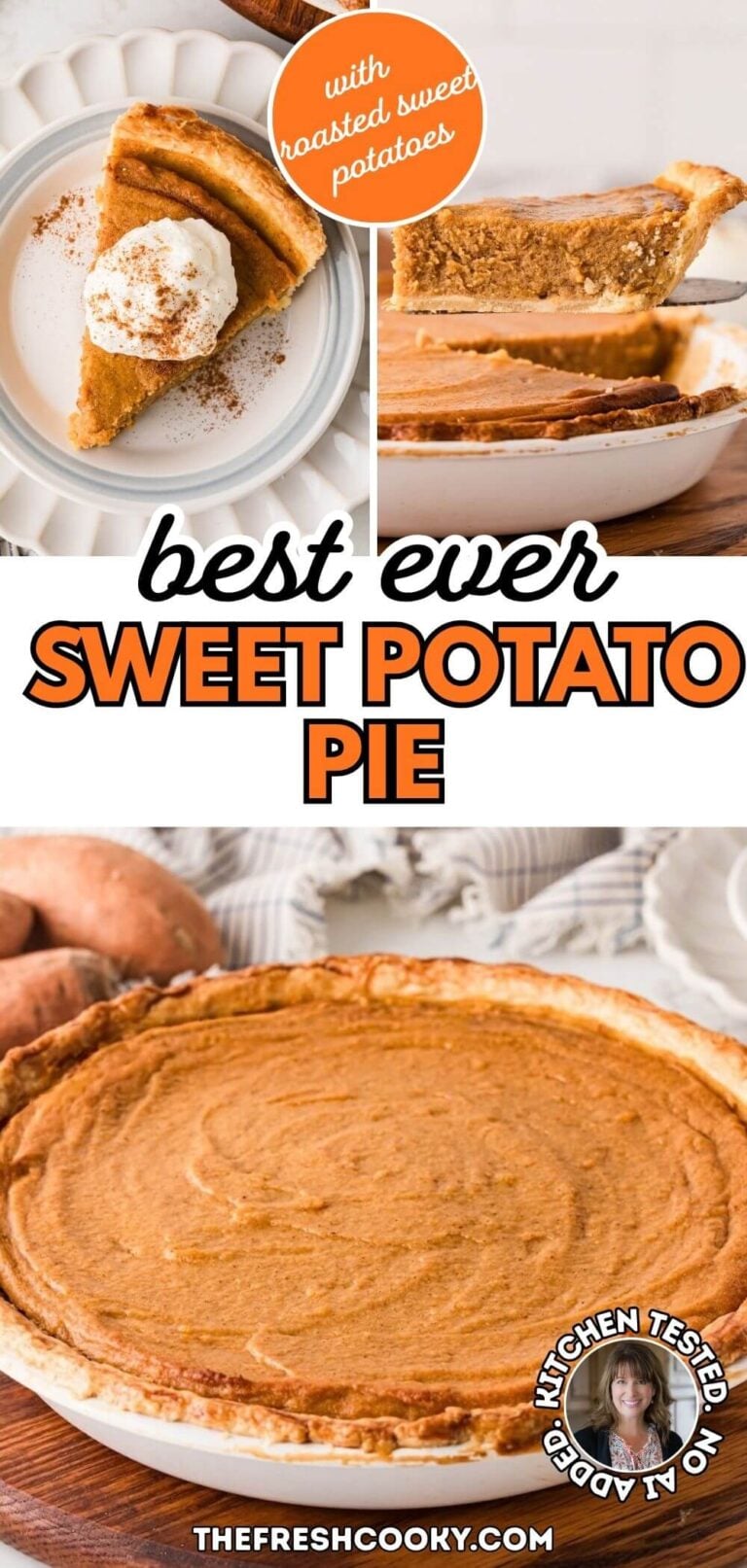 A whole Southern sweet potato pie and a slice on a plate with another showing a slice being removed from the pan, to pin.