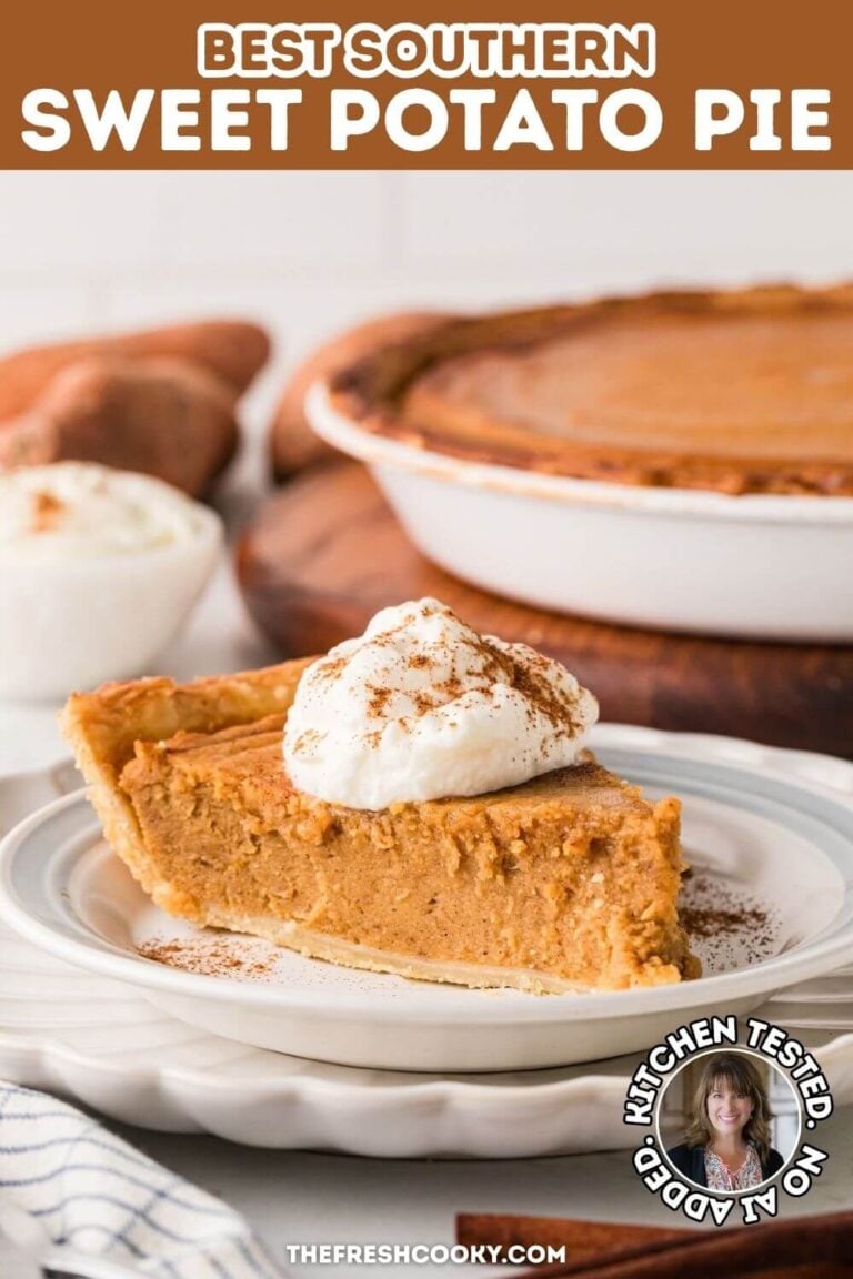 A creamy slice of sweet potato pie, on a plate with the whole pie in the background, topped with whipped cream, for pinning.