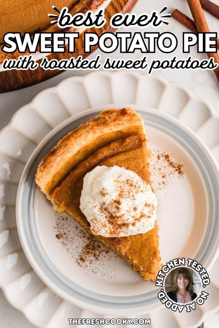 A slice of sweet potato pie on a pretty scalloped plate topped with a dollop of whipped cream and a sprinkle of cinnamon, to pin.