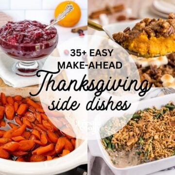 L-R cranberry sauce, homemade, sweet potato casserole being spooned out, slow cooker glazed carrots, green bean casserole topped with crispy onions. Thanksgiving side dishes you can make ahead.