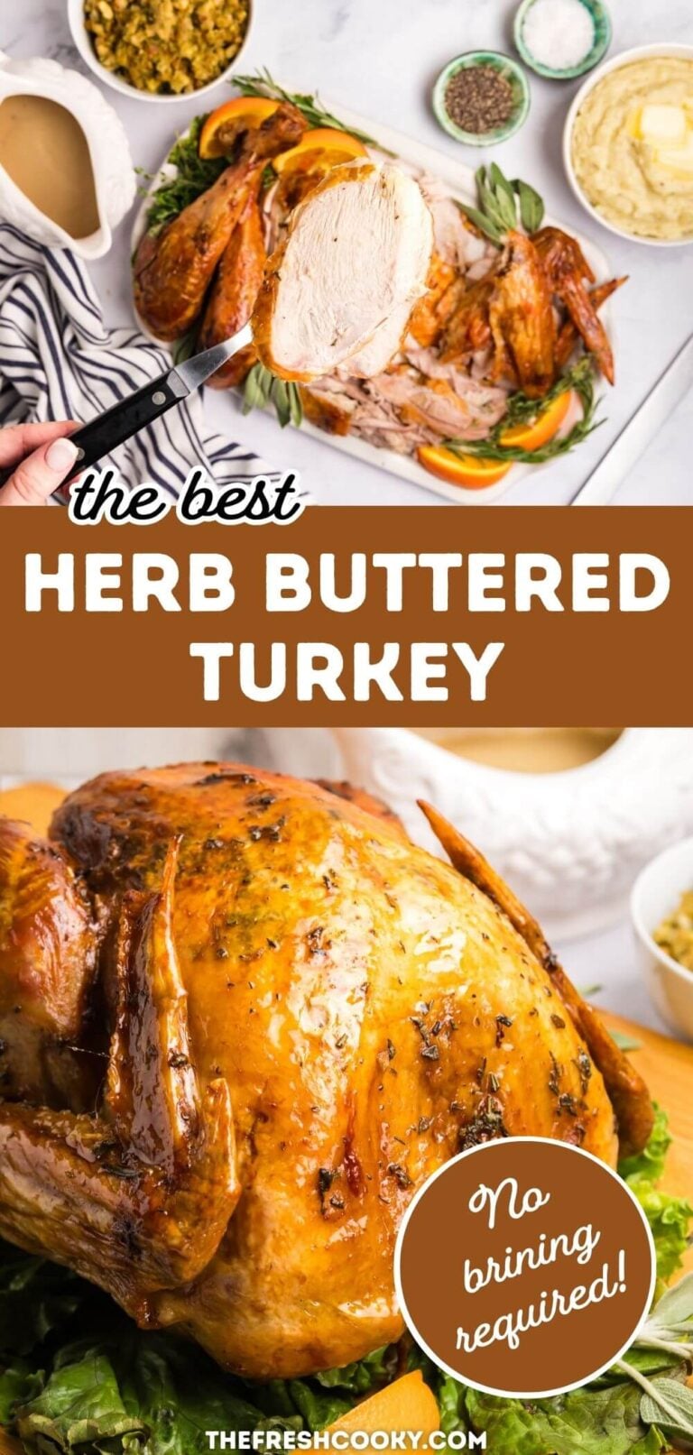 Buttered turkey golden and roasted on a platter, and sliced and ready to serve, for pinning.