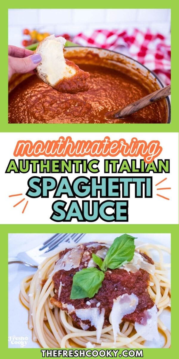 Authentic Italian Spaghetti sauce over spaghetti and in a pot, for pinning.