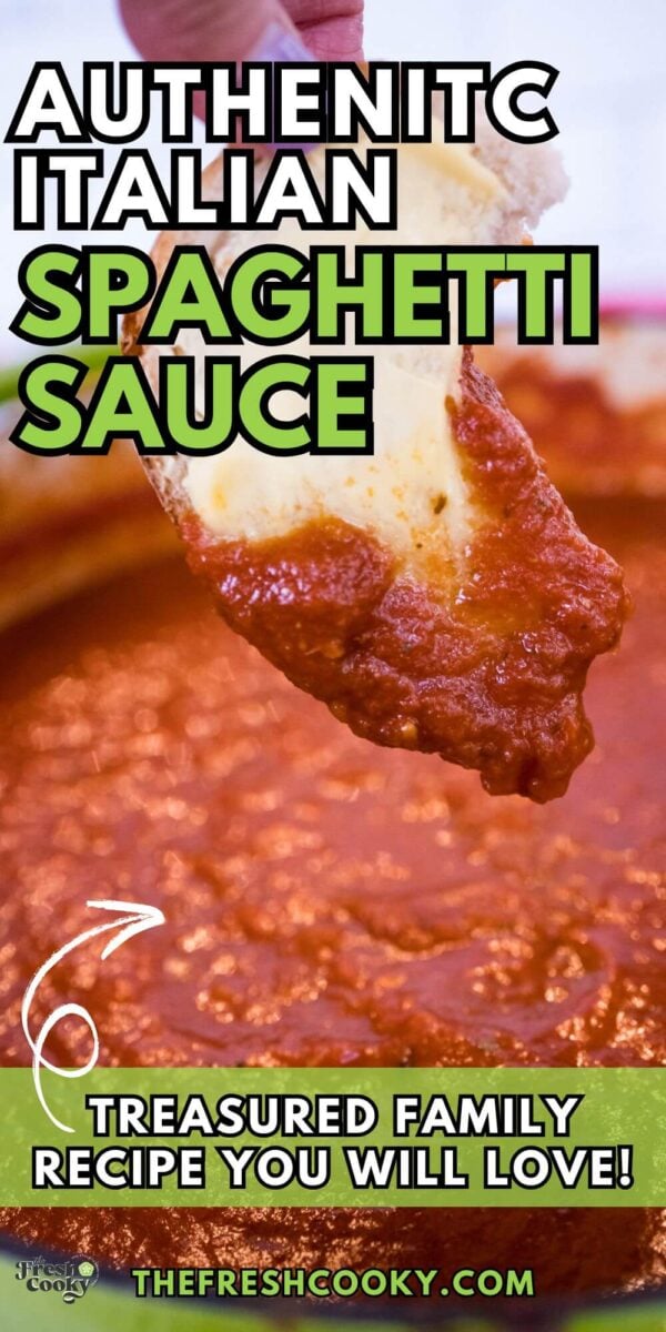Dipping a piece of Italian bread into rich, thick spaghetti sauce for pinning.
