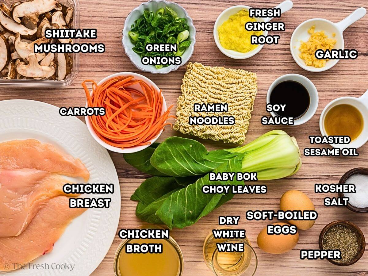 Labeled Ingredients needed to make homemade ramen.