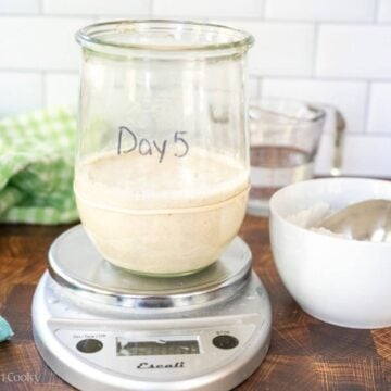 Sourdough starter in a glass jar on a kitchen scale with "day 5" written on it.