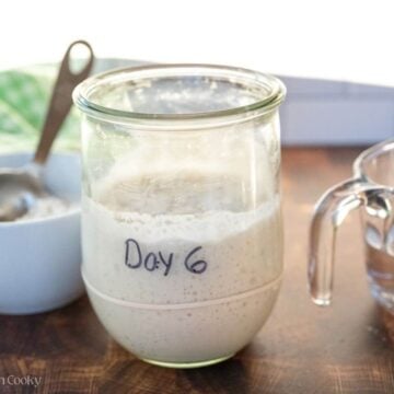 Glass jar with sourdough starter in it and a rubber band around it with words "day 6"