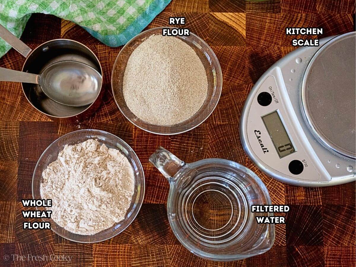 Ingredients needed to make sourdough starter at home.