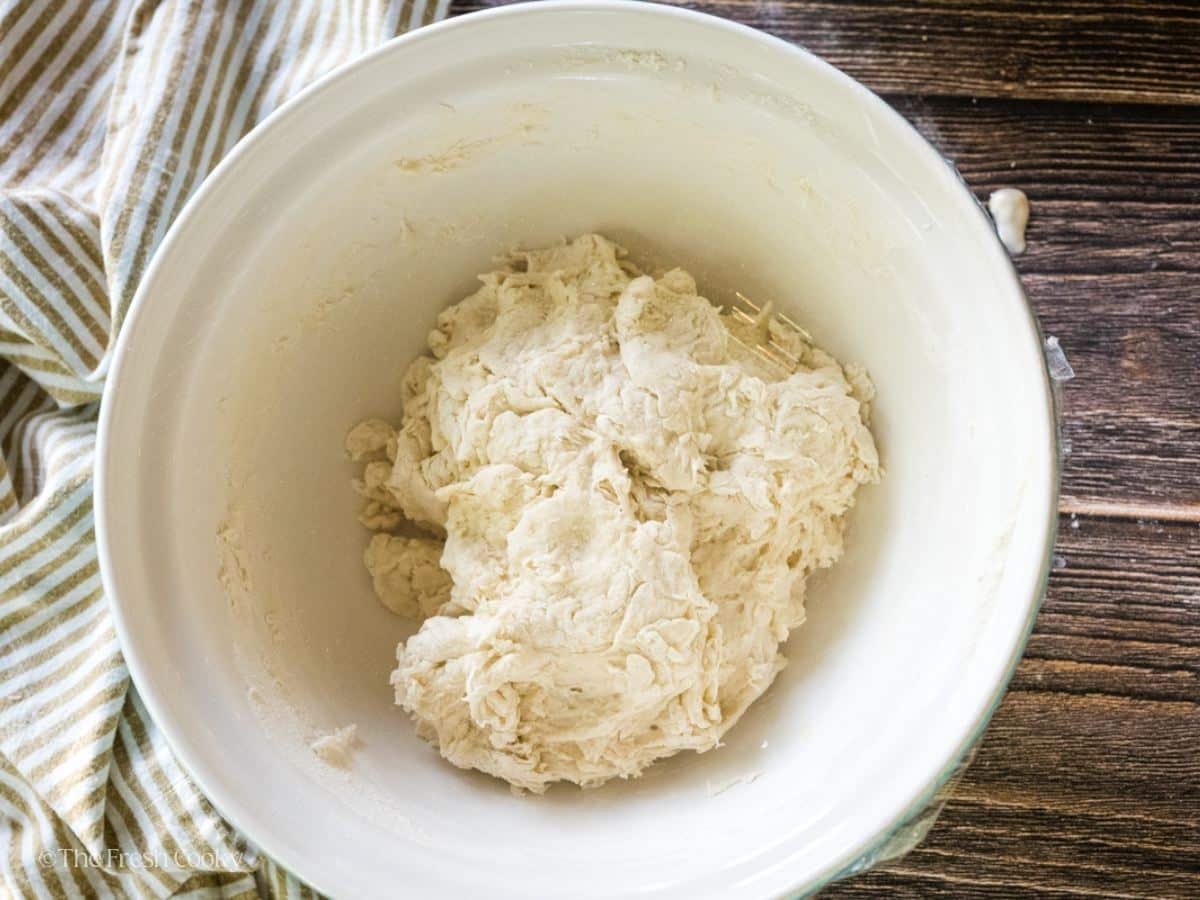 Squelched together flour, water, salt and sourdough bubbly starter.