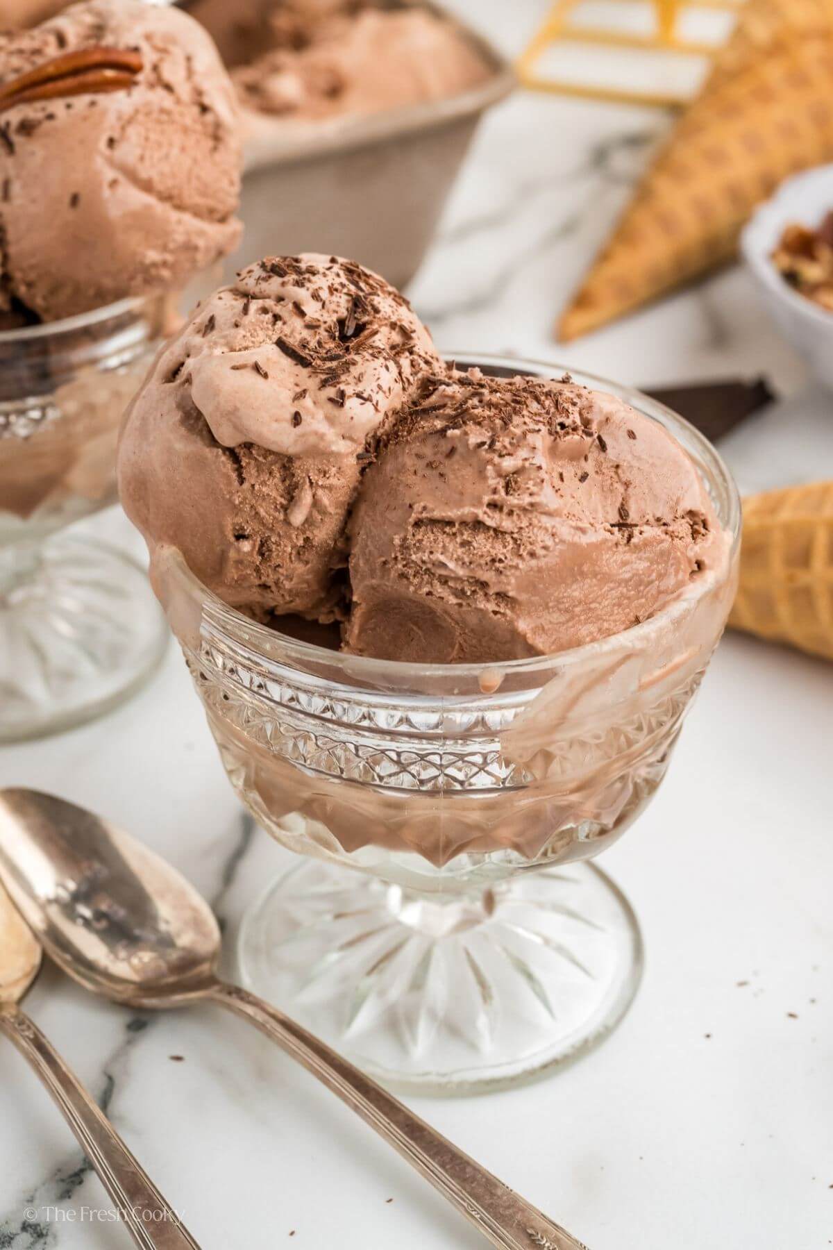Chocolate Ice Cream in pretty glass dish. 