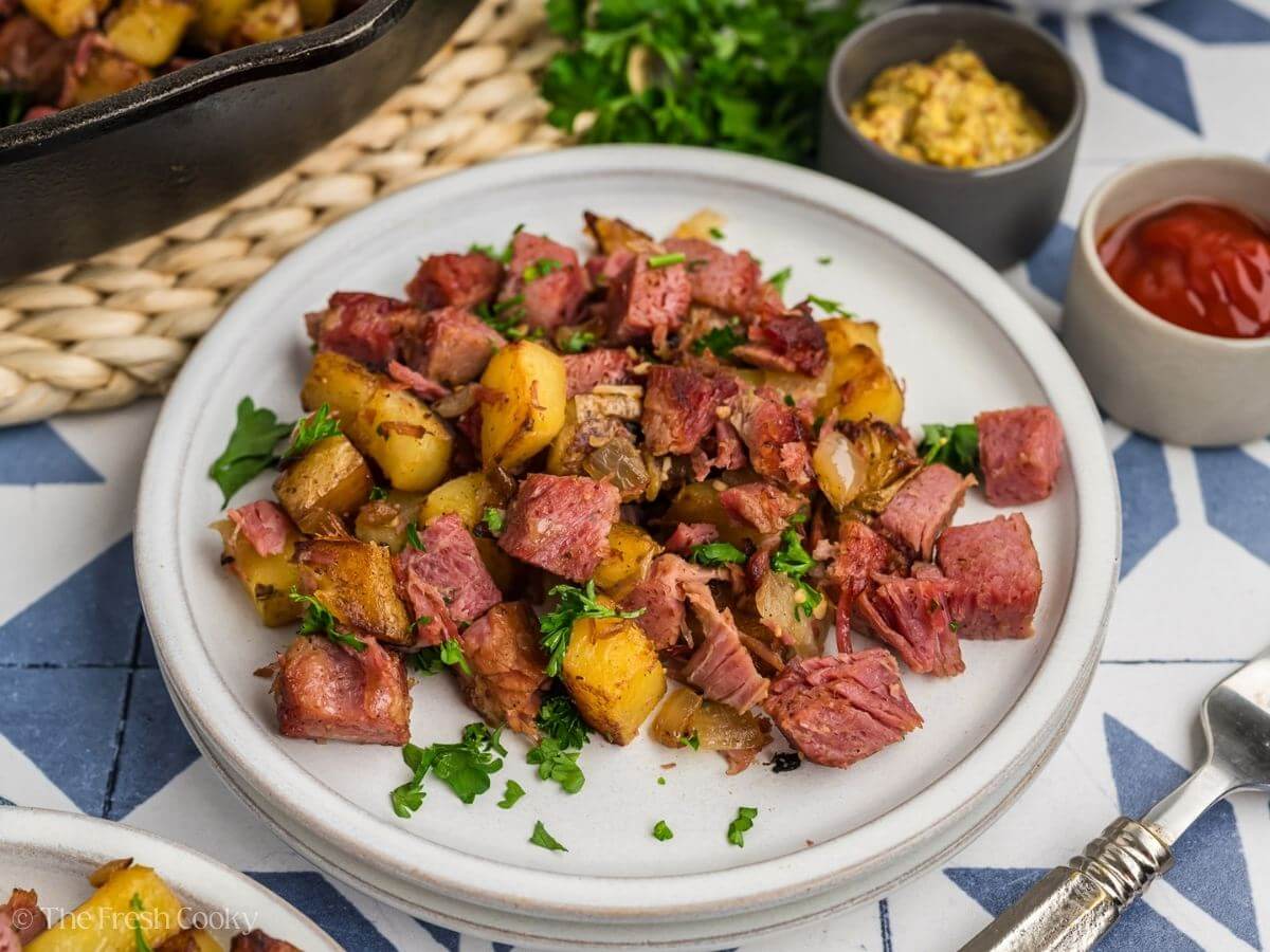 Corned beef hash on a plate.