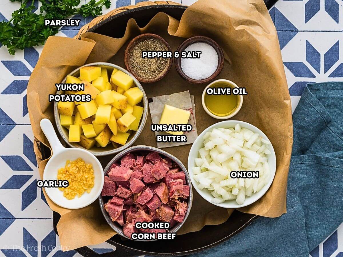 Labeled ingredients for corned beef hash.