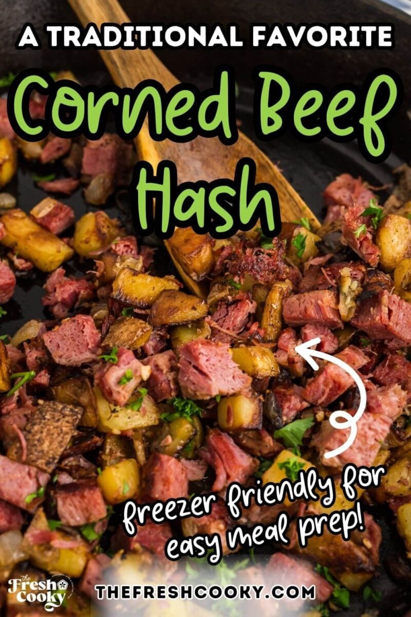Close up of corned beef hash in skillet, to pin.